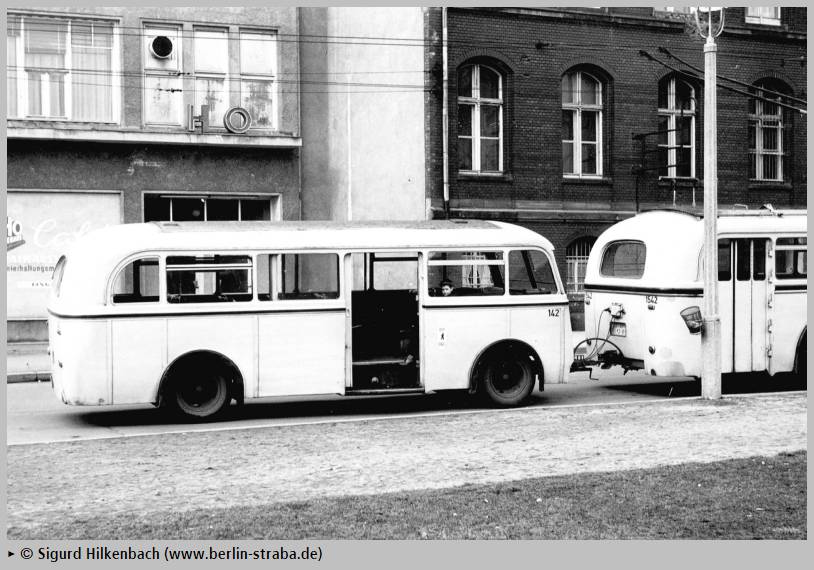 Former Eberswalde trolleybus trailer no. VII(II) of the GDR type LOWA W 700 with the Berlin car no. 142 in Berlin's Klosterstraße